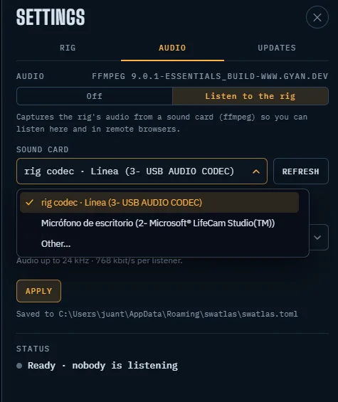Settings, Audio: Listen to the rig, with the rig’s USB audio codec listed first